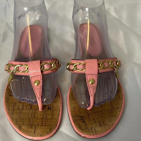 COACH Rizzo Pink Gold Chain Thong Sandals Cork Footbed Leather Sole As Is 7.5B - Picture 5 of 12